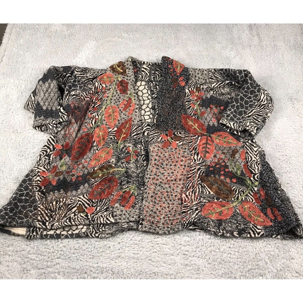 Soft Surroundings Jacket Womens L Animal Floral Patchwork Wool Blend Open Cardi
